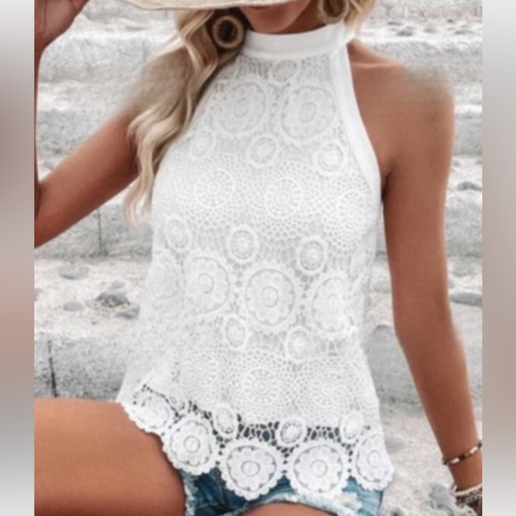 White Lace Back Slinky Halter Top main image 1